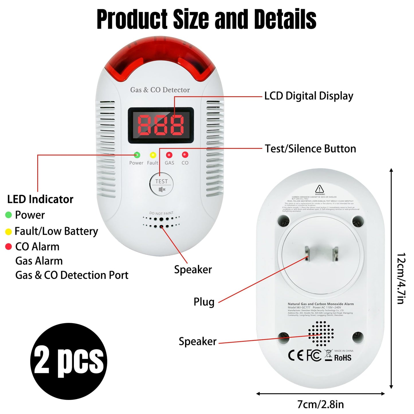 GQIRIL Gas and Carbon Monoxide Detector - Natural Gas Leak and Smoke CO Detector Portable Plug in, 2-in-1 Carbon-Monoxide Combination Alarm with Light - Natural for Home Kitchen Car RV Travel, 2Pack