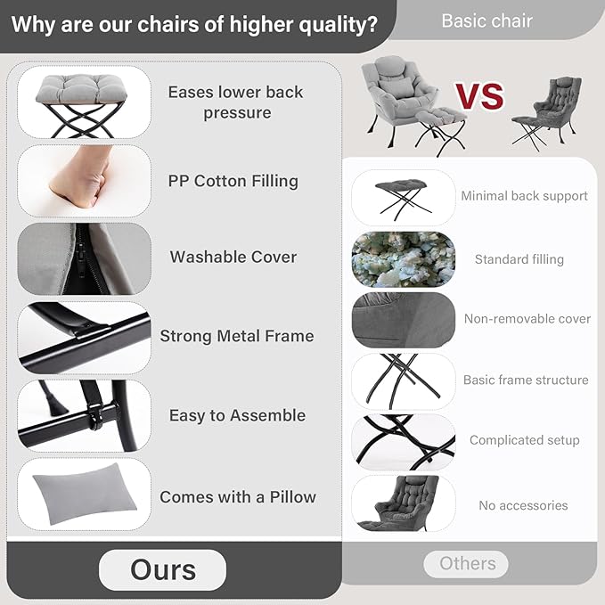 Furlide Lazy Chair with Ottoman, Modern Lounge Chair with Lumbar Pillow, Accent Cozy Reading Armchair and Folding Footstool for Bedroom, Dorm, Living Room,Light Grey