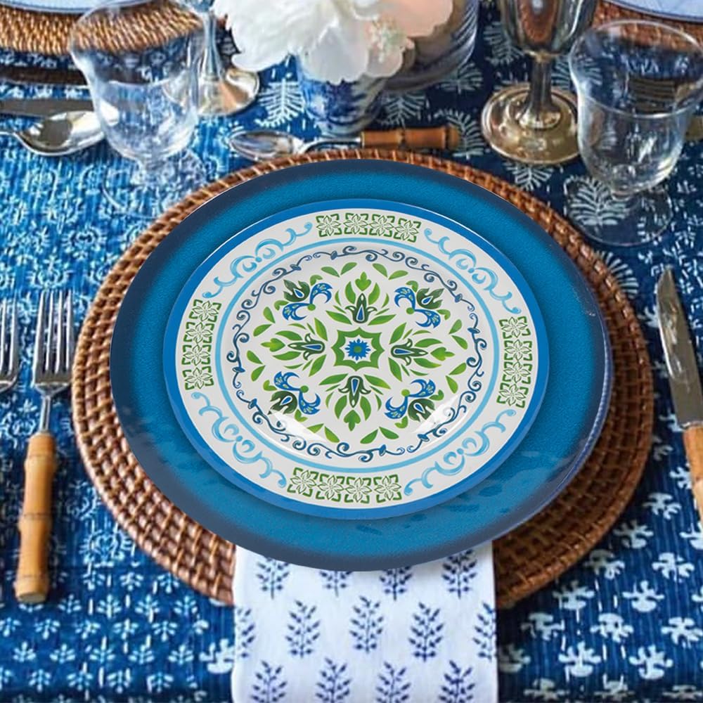 Melamine Dinnerware Sets 12 Pcs, Melamine Plates, Party Plates and Bowls Sets, Camping Dishes Set for 4, Unbreakable, BPA-Free, Dishwasher Safe (Green flowers)