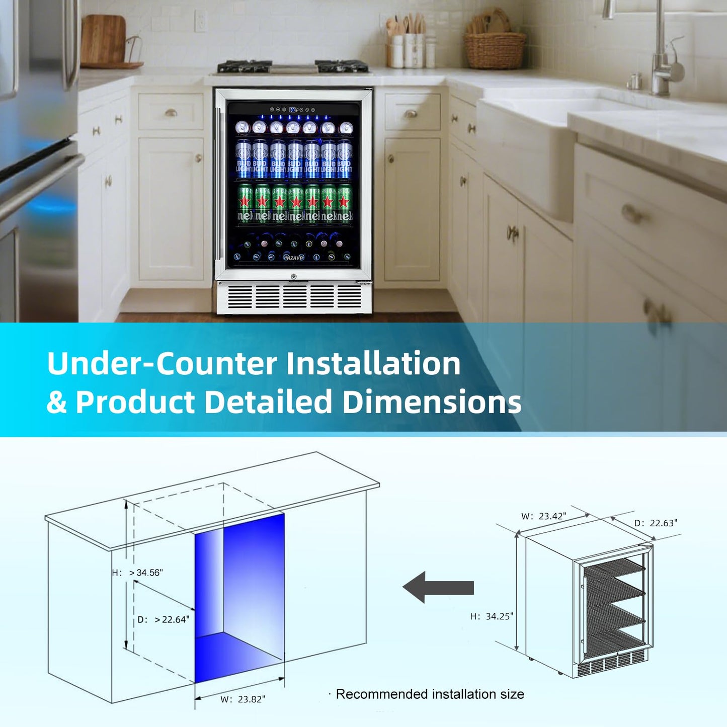 MZAVP 24 Inch Beverage Refrigerator, 180 Cans Built-in Beverage Cooler with Glass Door, Under Counter or Freestanding Drink Fridge with LED Light & Adjustable Shelves For Home Bar Office - Silver