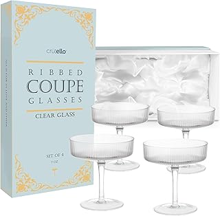 Crutello Champagne Coupe Glasses Set of 4, Classic 7oz Vintage Cocktail Glass, Ribbed Fluted Glassware for Champagne, Mart...