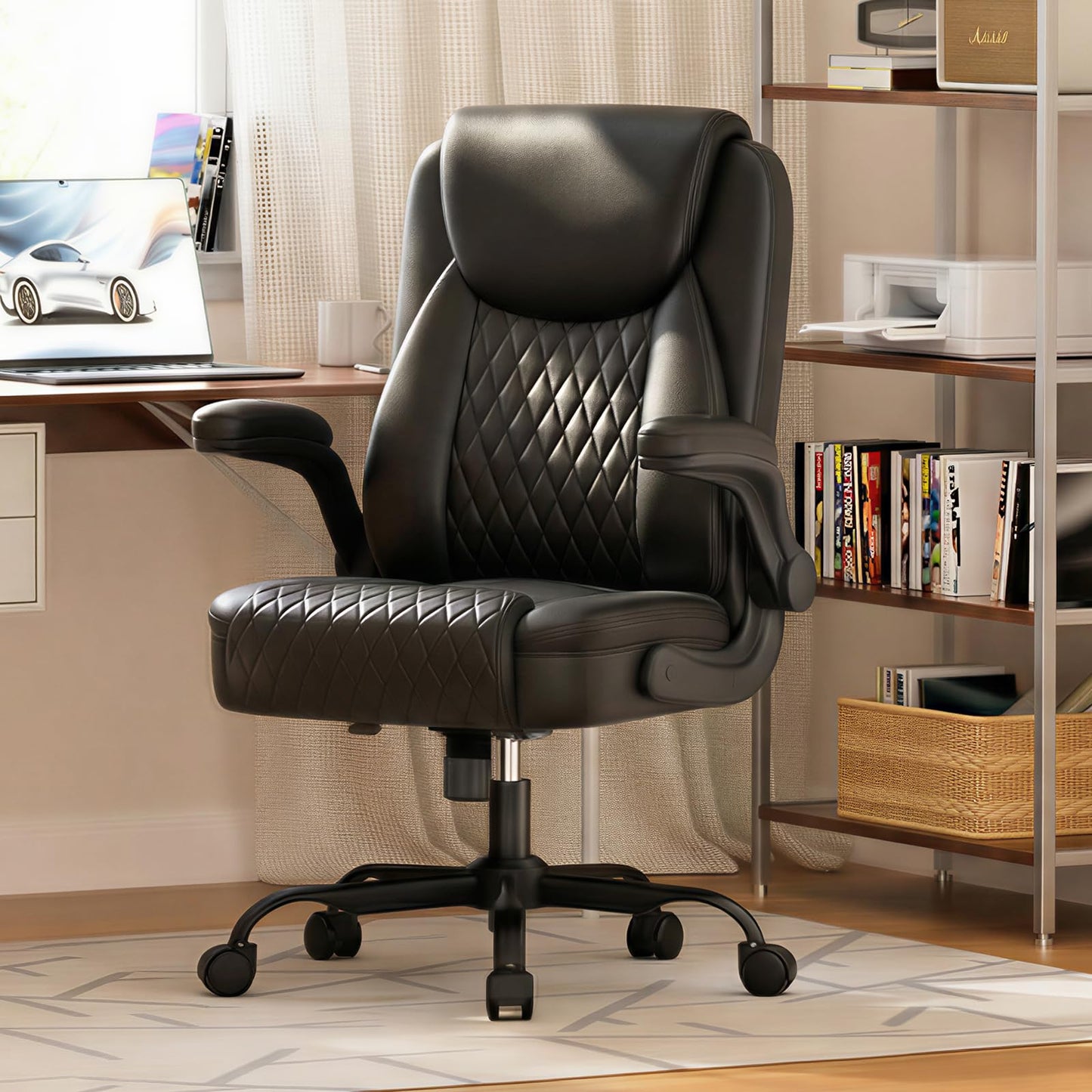 GTPLAYER Leather Office Chair, Home Desk Chair with Flip-up Arms and Ergonomic Back - Comfy Heavy Duty Executive Chair for Home Office Gaming, Charcoal Black