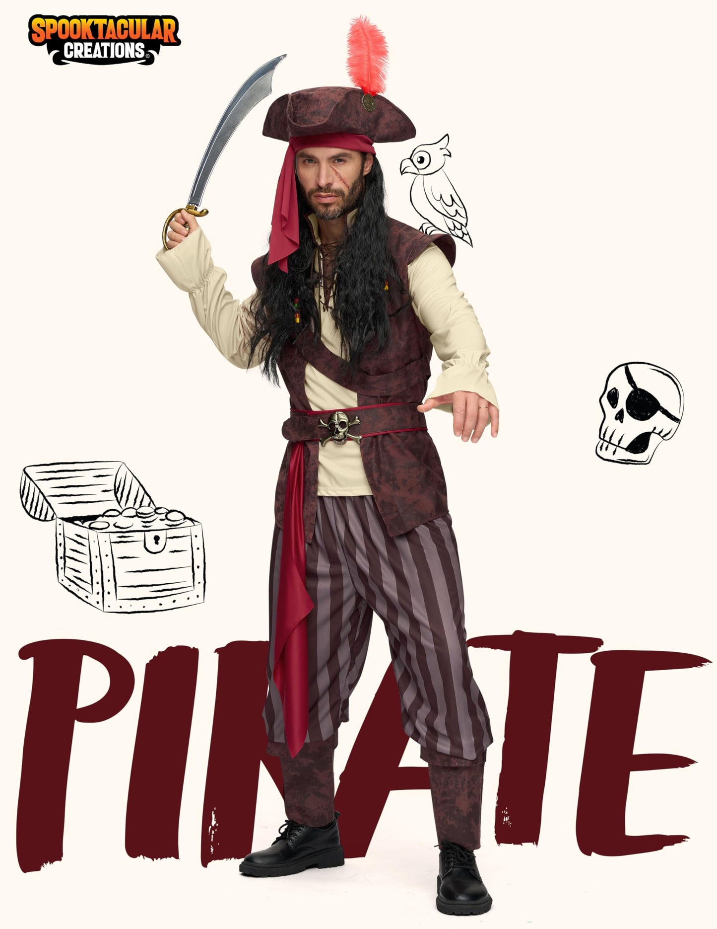 Spooktacular Creations Mens Caribbean Pirate Costume Adult Beige Sea Captain Robber Costume for Halloween Dress Up Party, Cosplay Party
