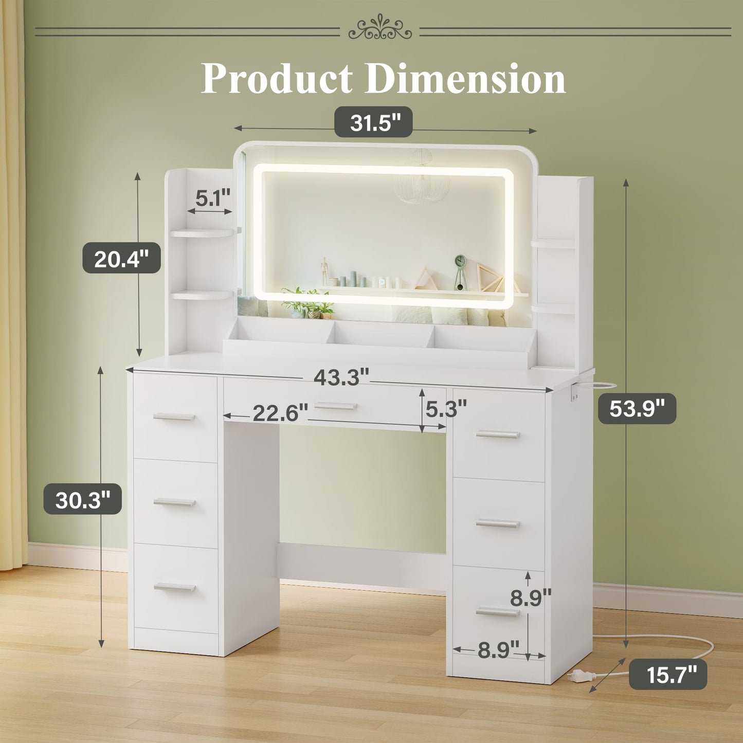 JUMMICO Makeup Vanity Desk with Large Mirror and LED Lights, Vanity with Power Strip and Hairdryer Holder, 6 Open Shelves and 7 Drawers Modern Dressing Table, for Bedroom (White)