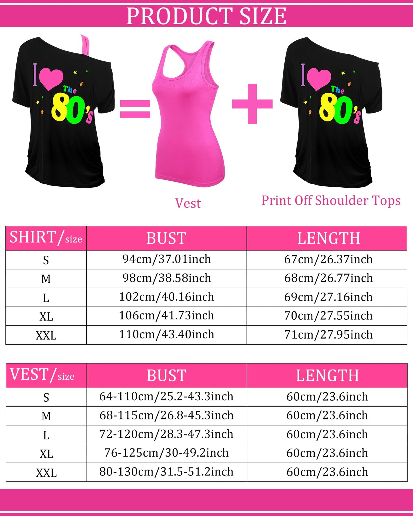 Didaey I Love The 80's Disco 80s Costume Print Off Shoulder Tops Tank Top Headband Earring Necklace Legwarmers Fishnet Gloves (Rose Red,XX-Large)