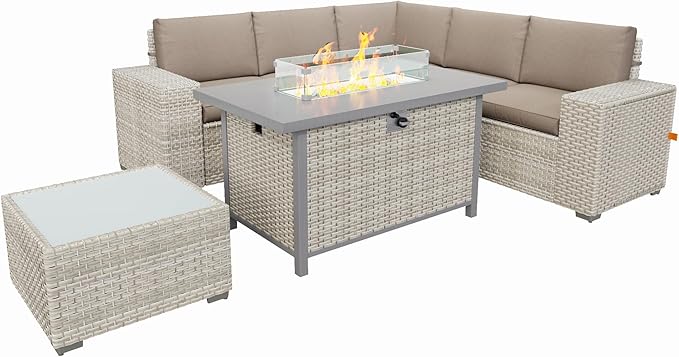 Broivira 7 Piece Patio Furniture Set with 50,000 BTU Rattan Fire Pit Table That Converts to Coffee Table, 9.8" Wide Arm Sectional Sofa with Storage Armrests, Outdoor Rattan Conversation Set, Khaki