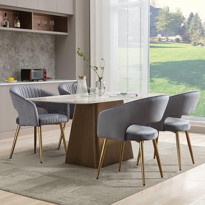 COMULER Grey Velvet Dining Chairs Gold Legs, Modern Dining Room Chairs with Arms Set of 6 Upholstered Accent Chair Armchair with Barrel Back for Kitchen Living Room