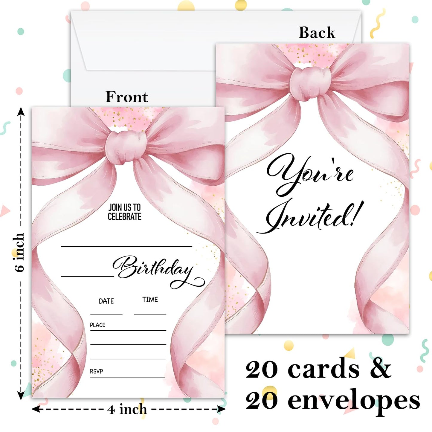 BSNZZIO Pink Bow Birthday Invitation Cards, Girl Pink Birthday Invite For Girls Women, 20 Double-Sided Fill in Invitations With Envelopes Celebration Party Supplies -4616