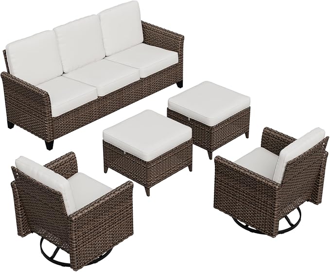 COOS BAY Harbor Retreat 5 Piece Outdoor Furniture Set, Patio Conversation Set with w/Swivel Rocking Chairs, 3 Seat Couch and Ottomans, Wicker Furniture, Brown/Beige