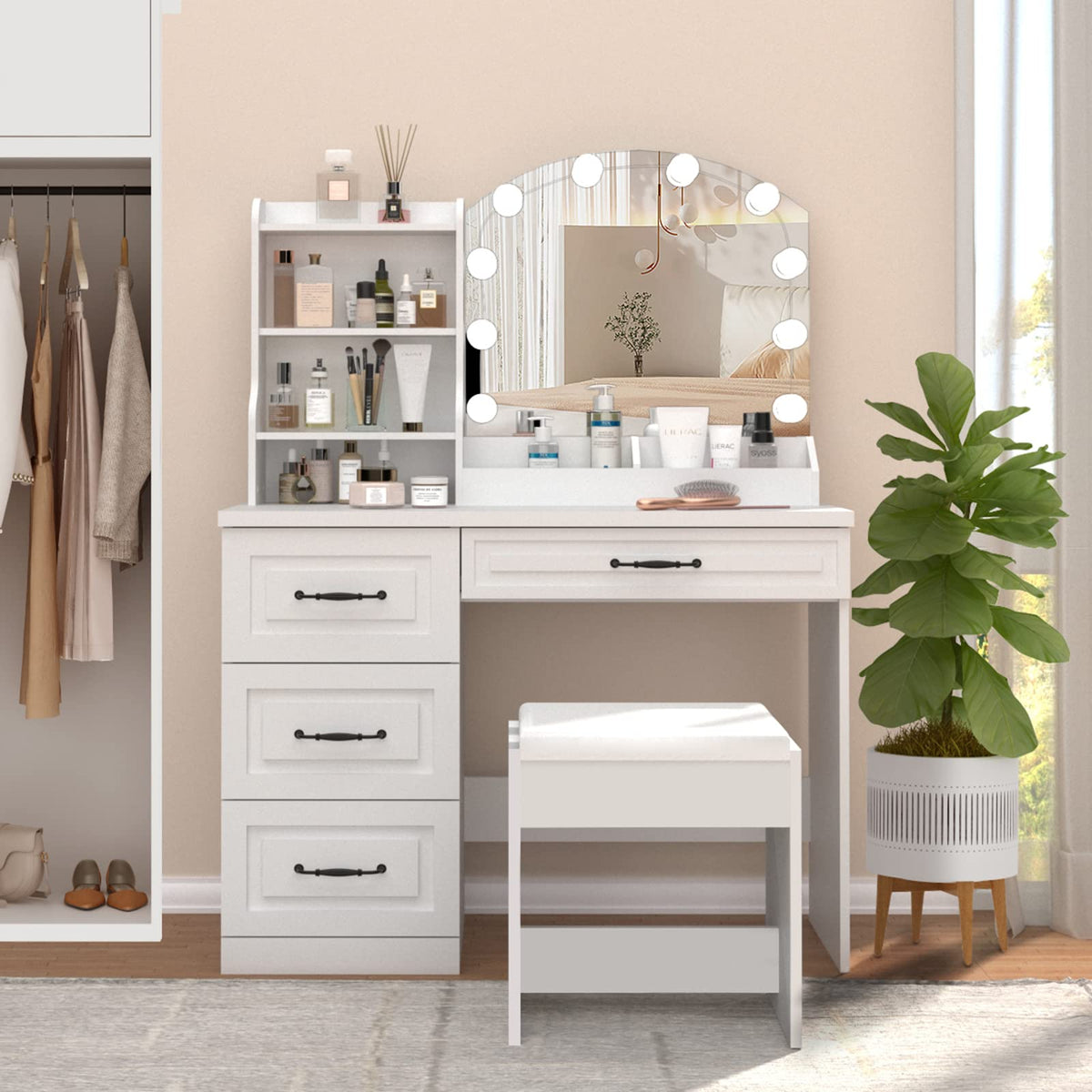 Vabches Makeup Vanity Desk with Lights and 4 Drawers, White Vanity Set Makeup Table Lots Storage, 3 Lighting Colors, Large Size 39.4in(L)