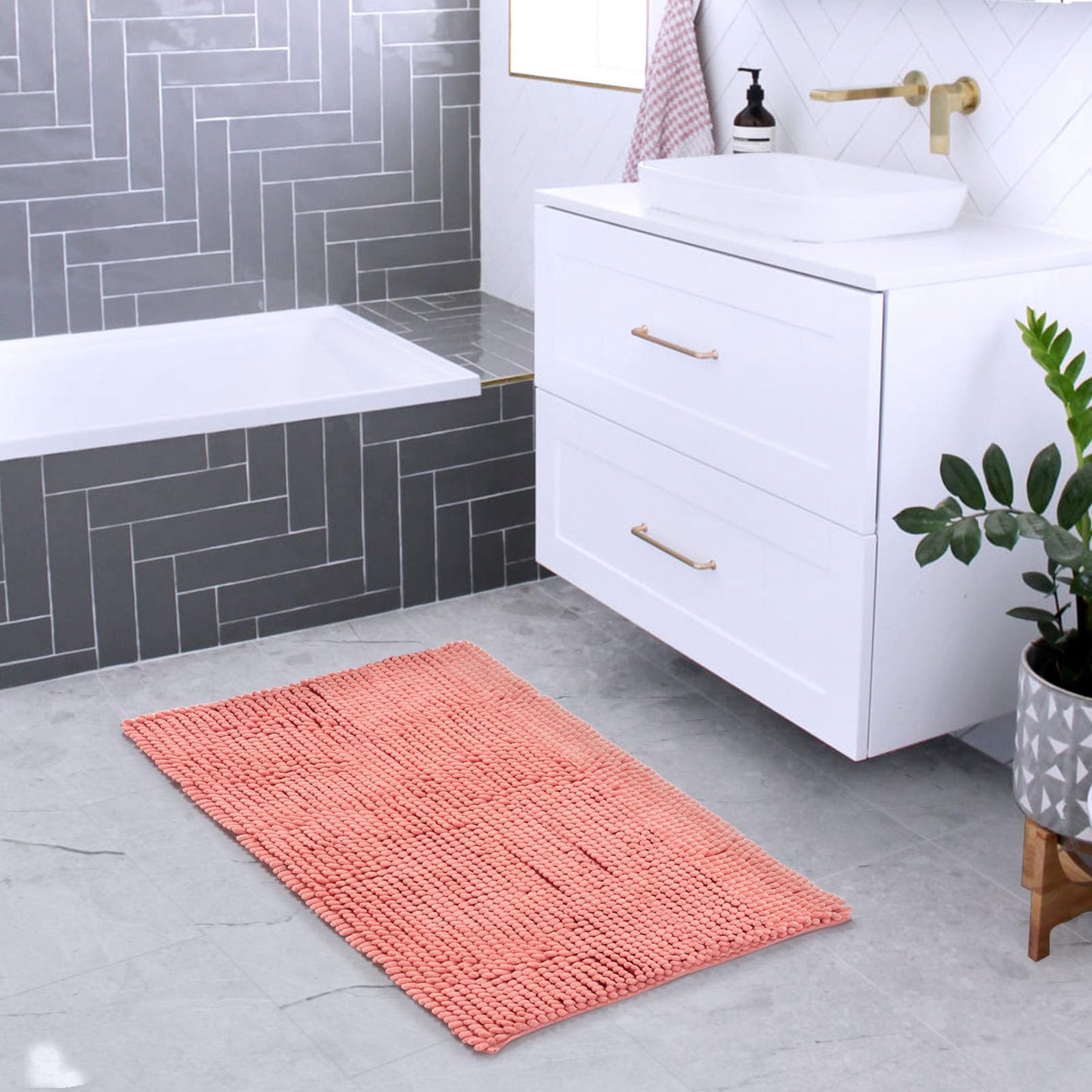 FRESHMINT Chenille Bathroom Rugs Mat 24"x17",Non-Slip Bath Mat for Bathroom Floor & Bathtub, Washable Soft Shower Shag Bath Rugs, Durable Fluffy Thick Water Absorbent Microfiber Shower Mat, Coral