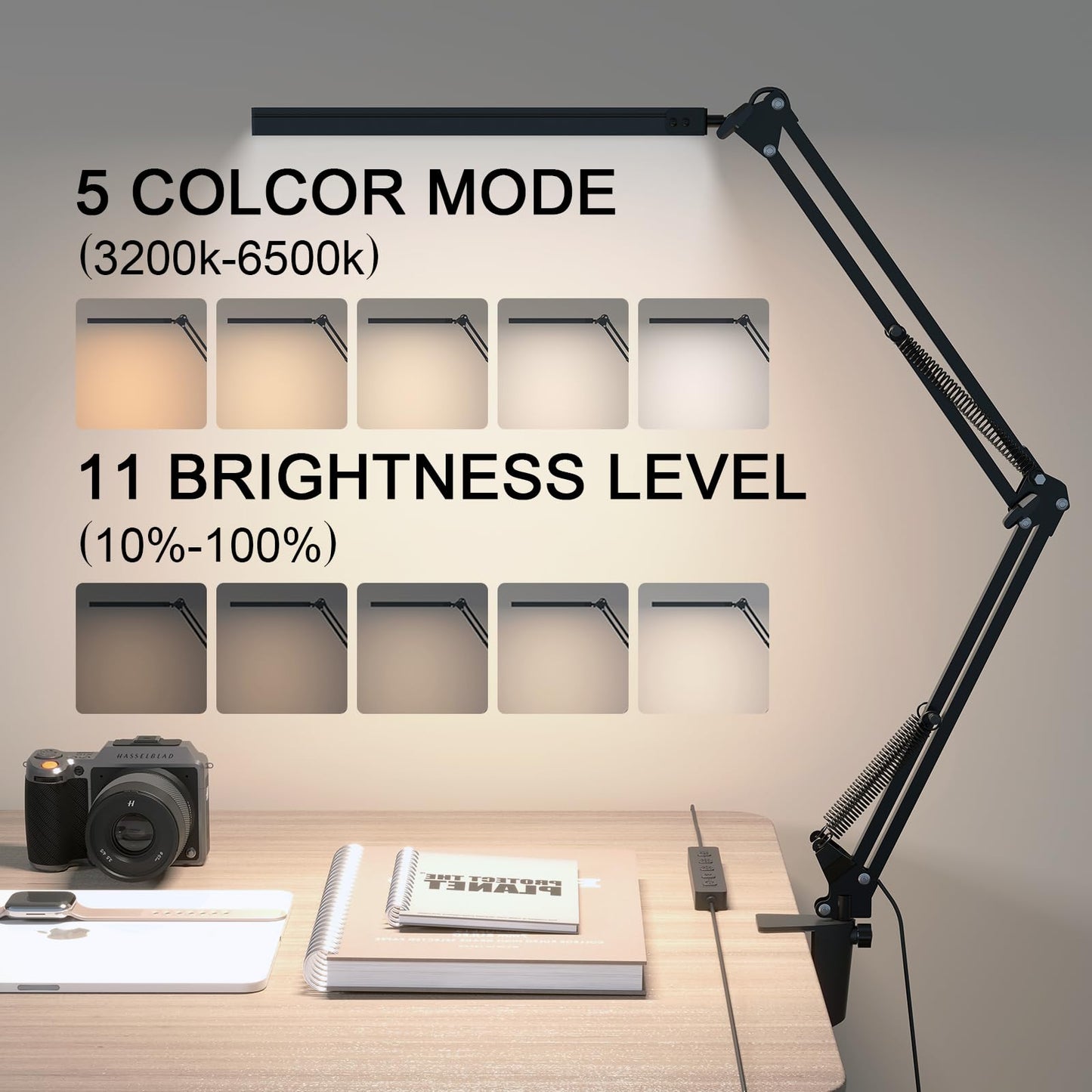 TROPICALTREE LED Desk Lamp for Home Office, Clamp-On with 5 Light Modes & Auto Shut Off | 14W Adjustable Brightness 5000K Eye-Caring Lighting for Study/Bedroom/Computer Desk