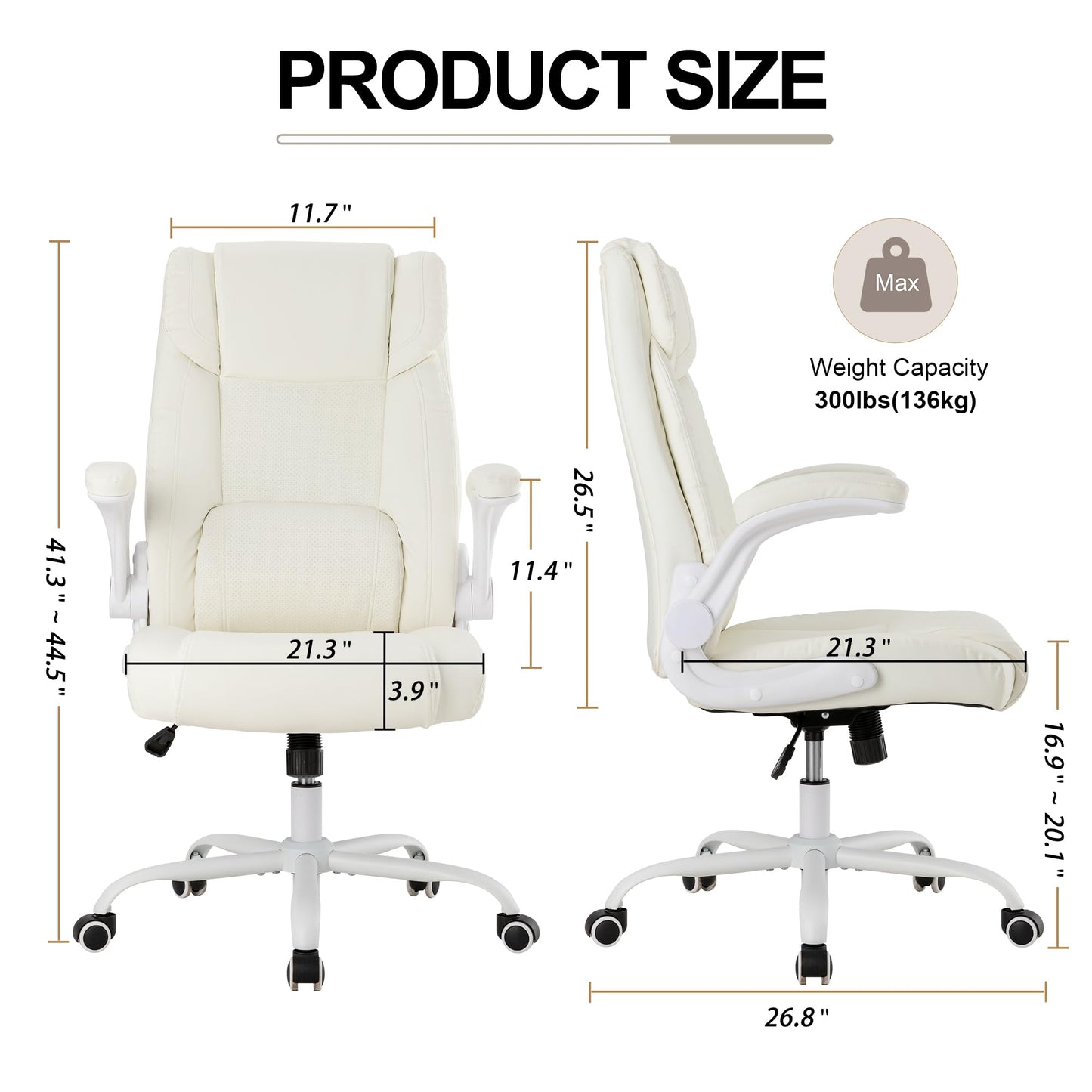 BOWTHY Mid Back Executive Leather Chair,Ergonomic Home Office Chairs,Comfy Computer Desk Chair with Adjustable Flip-Up Arms and Rocking Function (Beige)