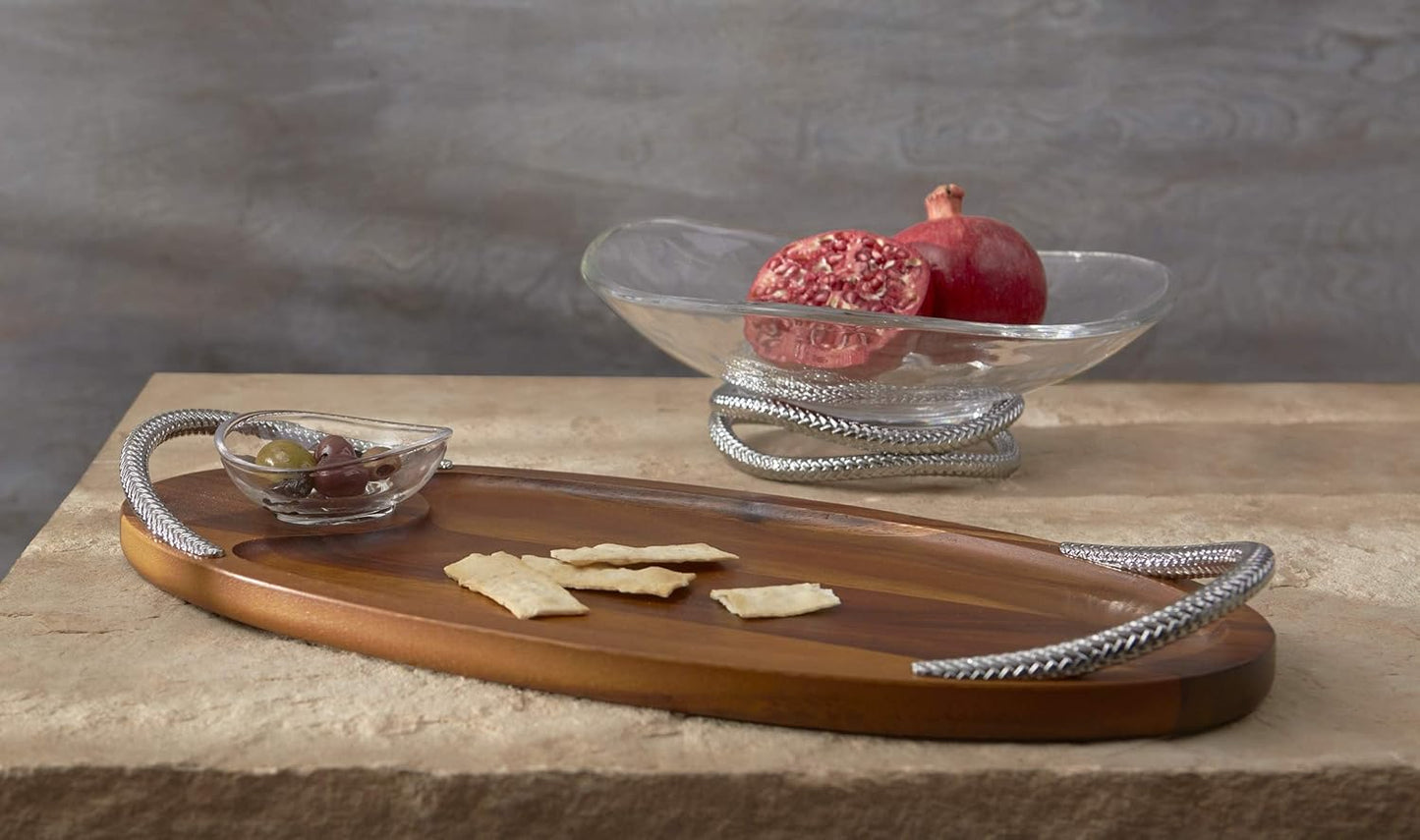 Nambe Braid 19-Inch Serving Platter - Modern Scandinavian Wood Tray with Braided Chrome Handles, Elegant Entertaining & Dining Piece for Charcuterie, Appetizers & Cocktails