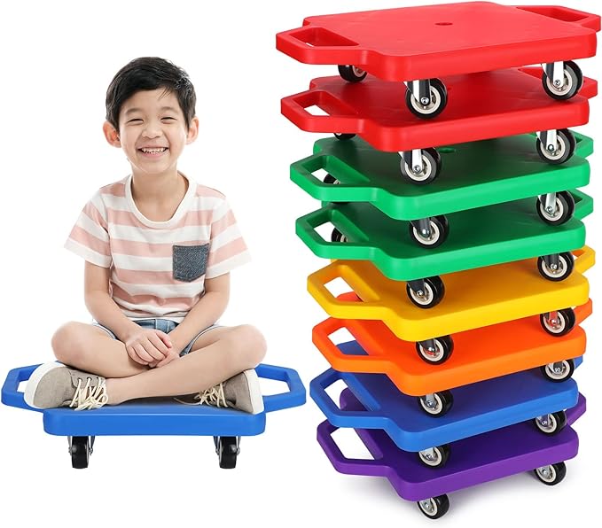 Jerify 8 Pieces Sports Scooter Board Sitting Scooter Board for Kids Plastic Floor with Non-Marring Plastic Casters, Physical Education for Home School Play Equipment