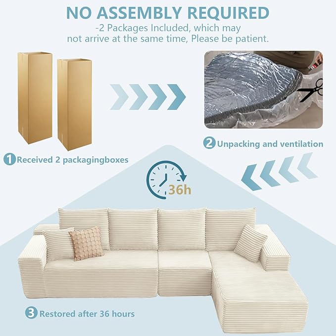 135.4" Cloud Sectional Couch with L-Shape Chaise, Modern Corduroy Boneless Couch for Living Room,Memory Foam Sofa with Deep Seat,No Assembly Required (White,Right-Facing Chaise)