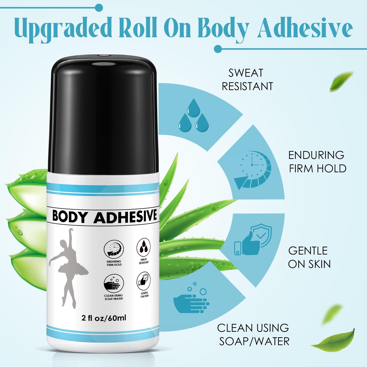 ElectricWise 1 Pcs Roll On Body Adhesive for Dancers, Sweat Resistant Water Wash Off Body Glue for Skin & Clothing, Fashion Butt Glue Applicator for Compression Stocking, Bras, Residue Free, 2oz