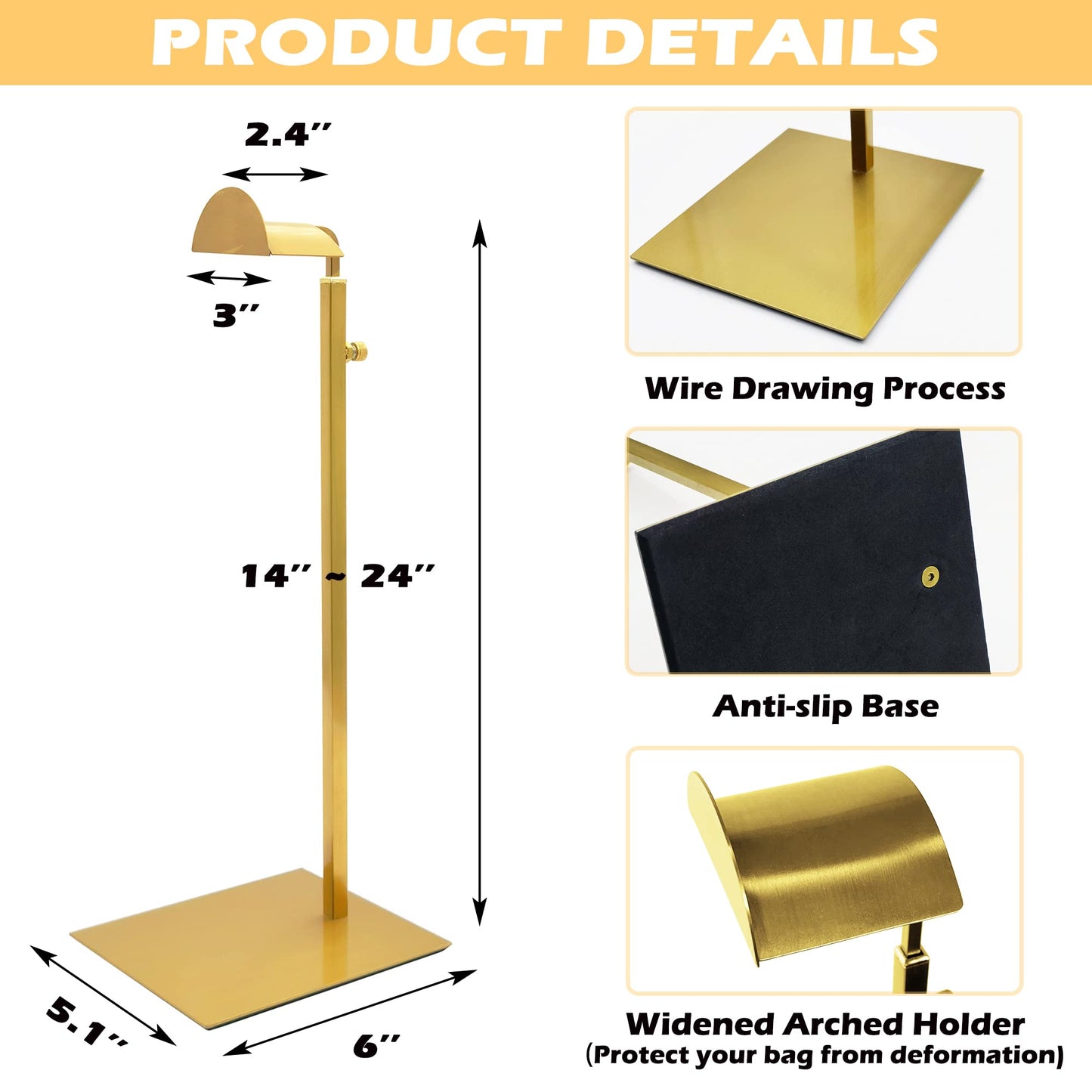 Royxen 3 Pack Purse Holder, Purse Display Stand with Adjustable Height, Bag Stands for Display, Stainless Steel Purse Rack for Bags Organizer (Gold)