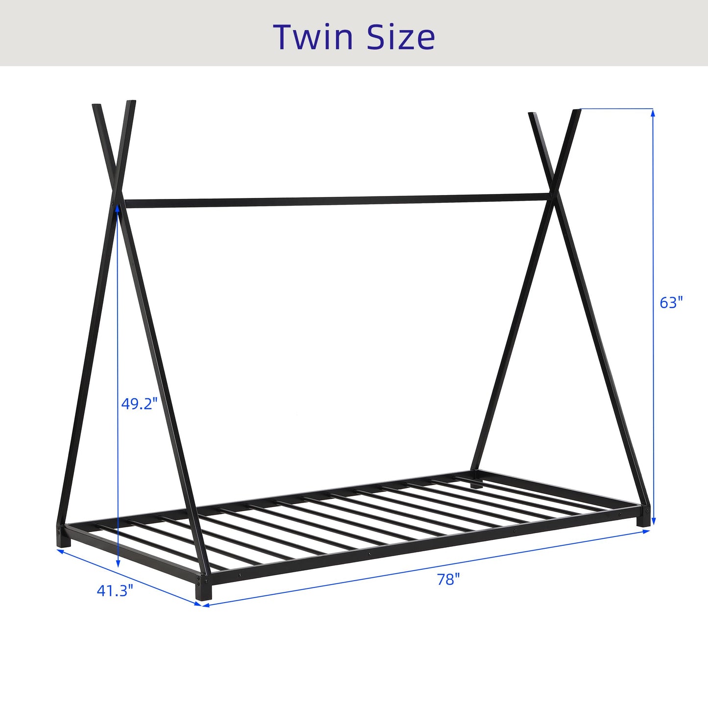 kuurfuurdo Twin Size House Bed for Kids, Metal Montessori Floor Bed Platform BedFrame with Triangle Structure Tent with Slat for Kids Girls Boys, No Box Spring Needed Easy Assembly