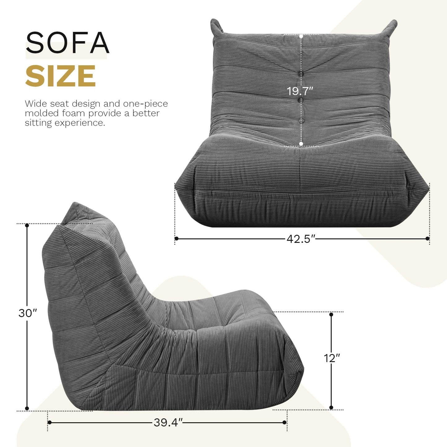 Hsundries Bean Bag Chairs for Adults, Memory Foam Couch Sofa Chair,One-Piece Foam Padding,Cozy Corduroy Material Bean Bag Chair,Bean Bag Sofa for Reading in Bedroom Living Room and Dorms,Gray