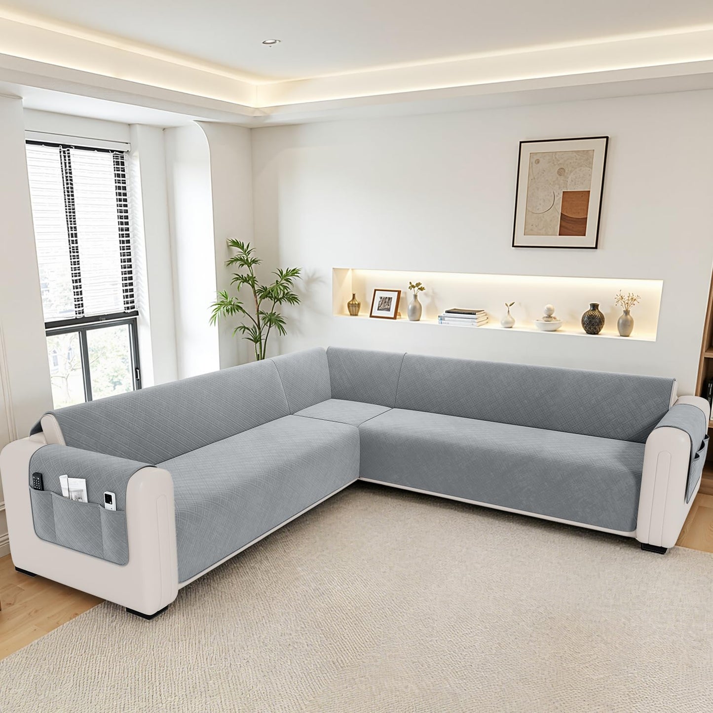 YUEVELLA Waterproof L Shaped Couch Cover for Sectional Sofa Velvet Quilted Corner Sofa Cover L Shape Furniture Protector Slipcover Set with Non Slip Straps for Pets Dogs Kids (XX-Large, Silvery Grey)