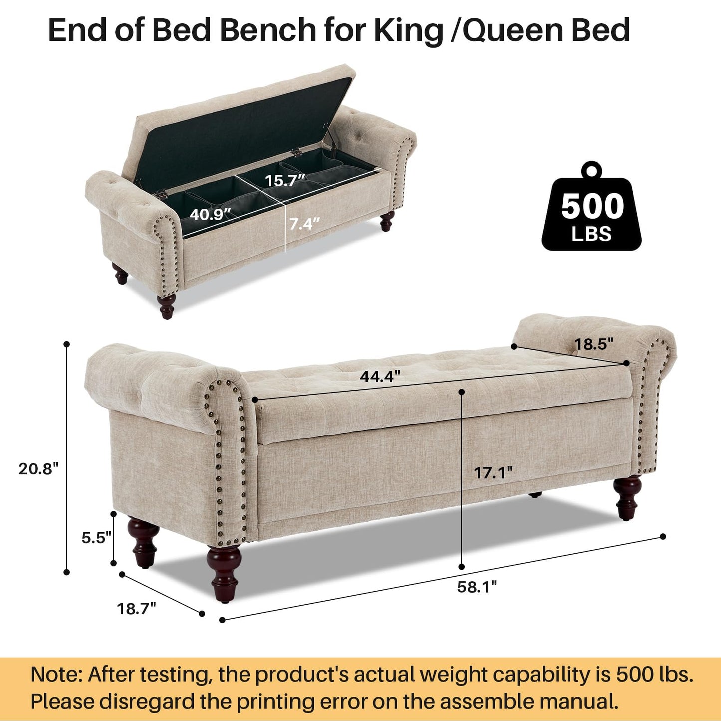 SOFTHION 58.1'' Storage Bench Upholstered Chenille End of Bedroom Bed Bench Ottoman with Tufted Cushioned Rolled Arm Large Storage Space for Reading Living Room Entryway, Light Brown