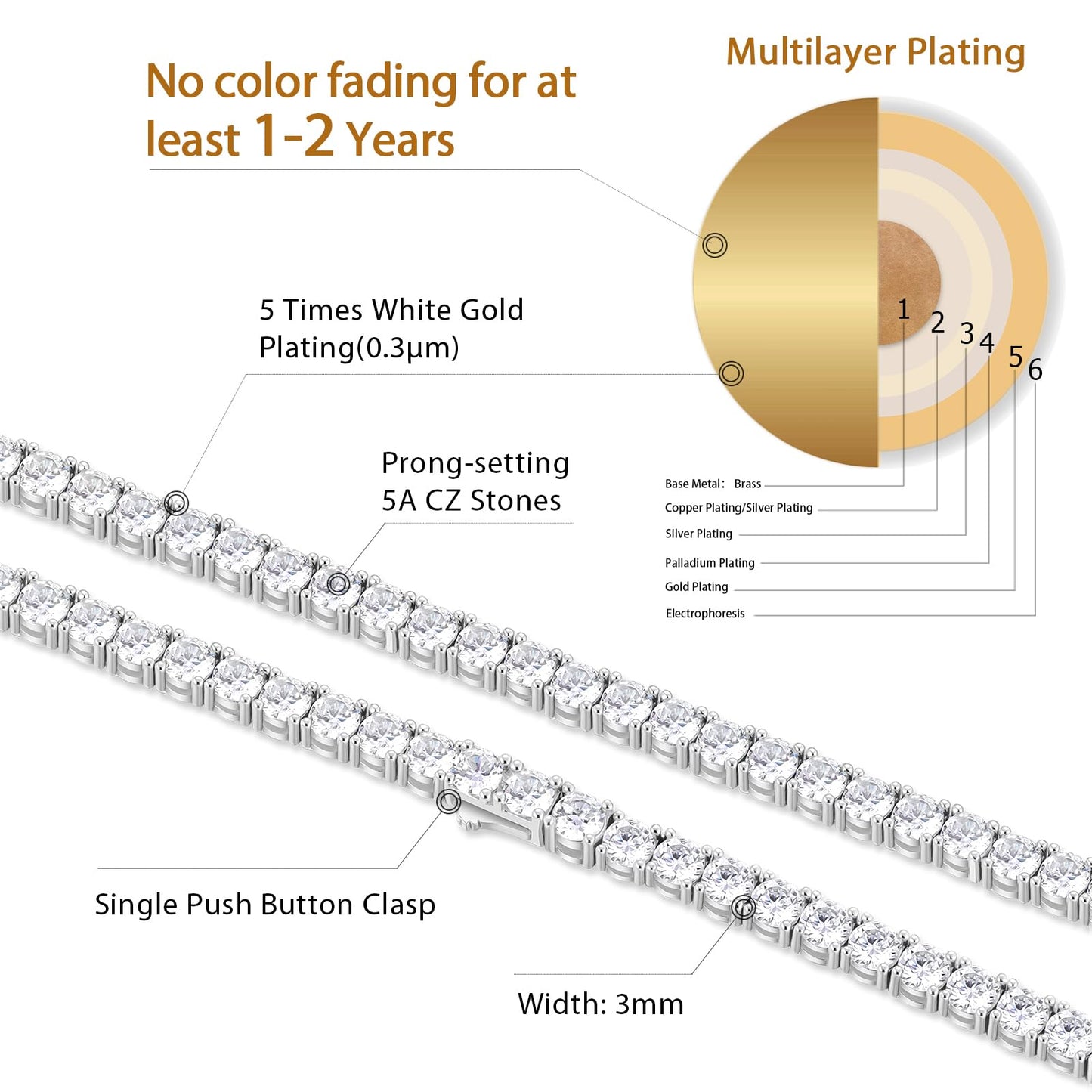 KRKC&CO Tennis Necklace Chain for Men, Luxury Anniversary Birthday Gift for Him, White Iced Out Prong-Setting 5A Cubic Zirconia Stones Hip Hop Rappers Jewelrys, 3mm 18in