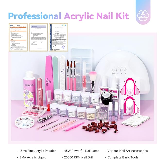 Saviland Acrylic Nail Kit with Everything: 10 Colors Acrylic Powder Clear Liquid Monomer 48W Nail Lamp 20000RPM Nail Drill Complete Tools Home Manicurist Nail Extensions
