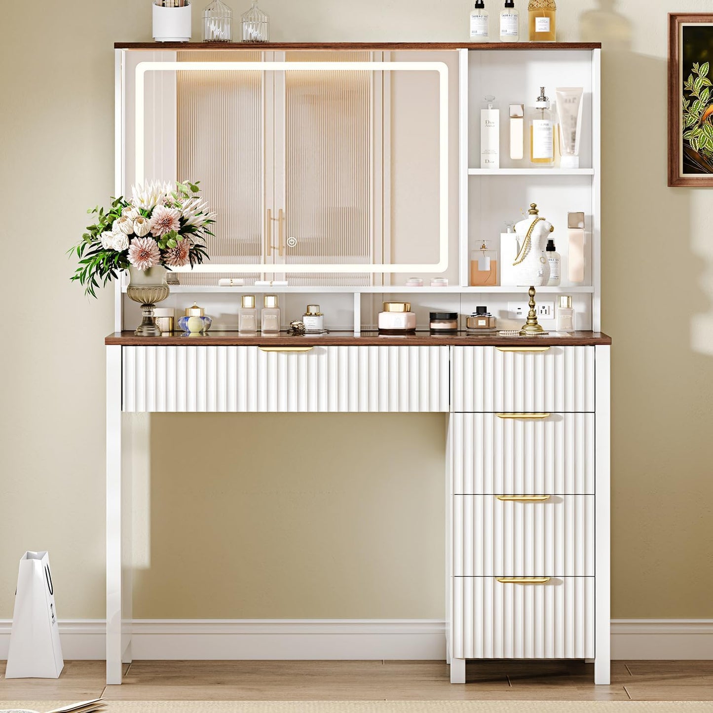 Arulvmrn 43" Large Vanity Desk with 30" HD Lighted Mirror,Modern Vanity Desk with Mirror and Lights, Makeup Vanity with 5 Drawers and Storage Shelves and Charging Station, White2300