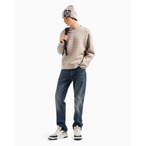 Armani Exchange Men's All Over Logo Stretch Bonded Cotton Crewneck Sweatshirt String Lettering Big, M