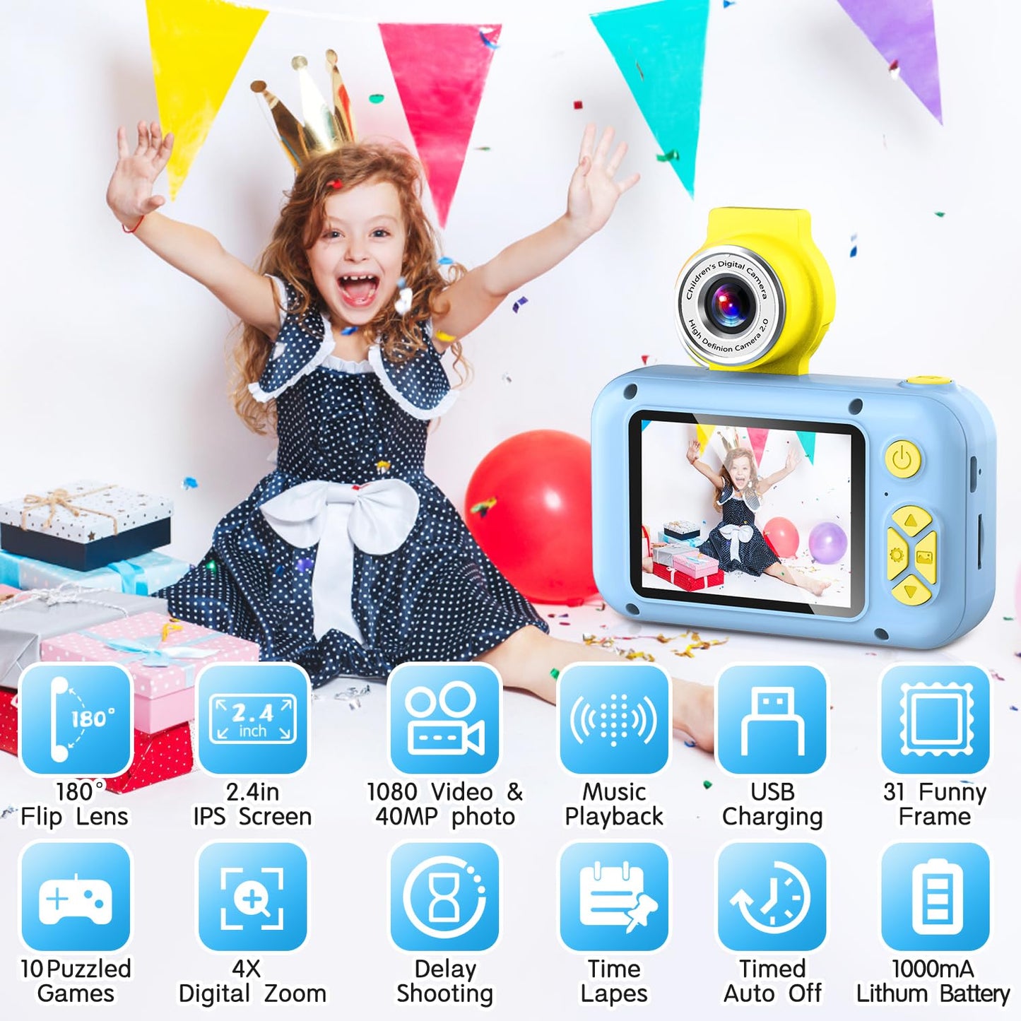 ARNSSIEN Kids Camera, Toddler Kid Digital Camera with 180°Flip Lens & 2.4in IPS Screen, Birthday Festival Gifts Present Toy for 4 5 6 7 8 9 10 11 Year Old Girls/Boys, 32 GB Card Included, X101