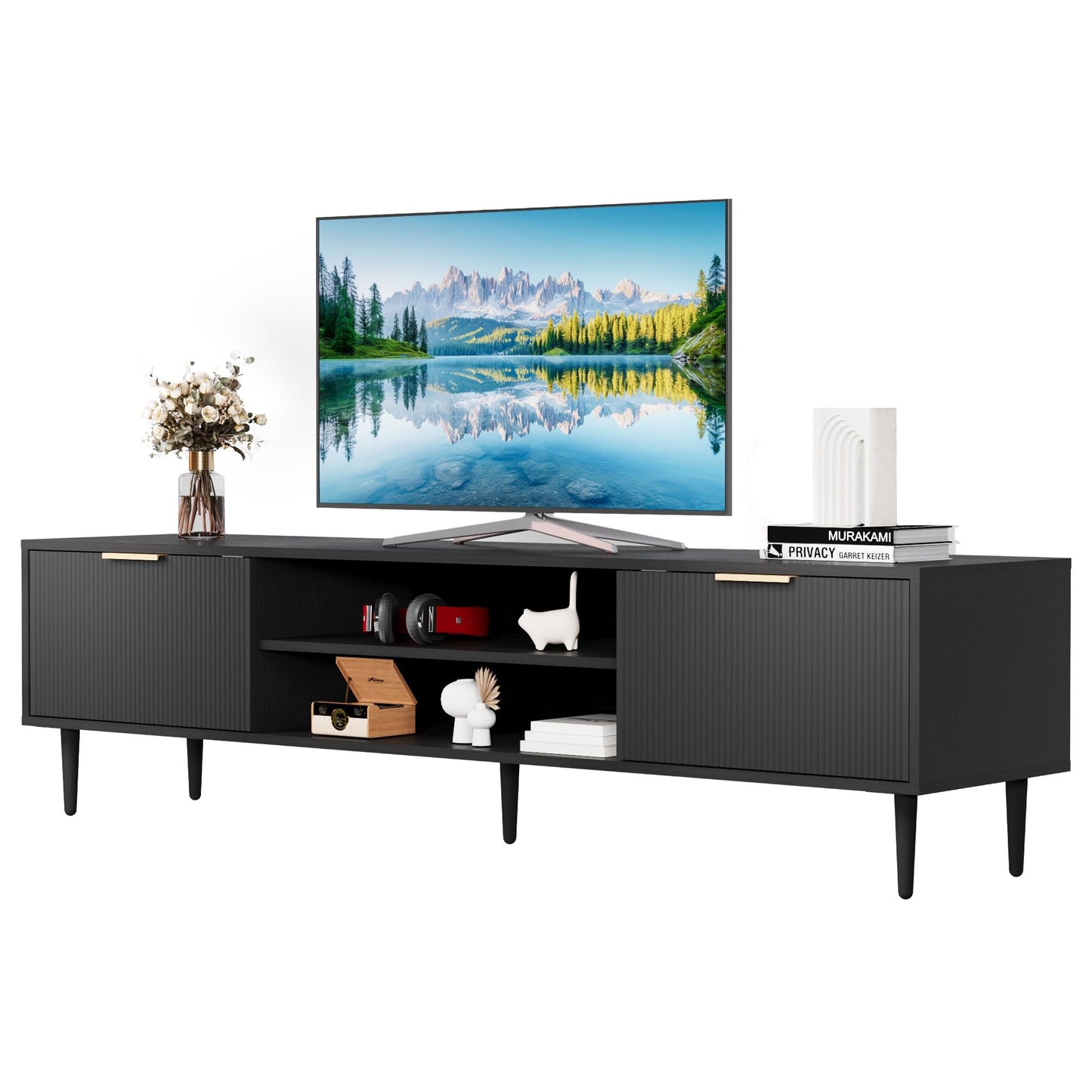 Black TV Stands, Mid Century Modern TV Stand, with 2 Large Storage Cabinets, for TVs Up to 75 in, Black Entertainment Center with Fluted Panel Design, TVs Stands for Living Room, for Bedroom, Office