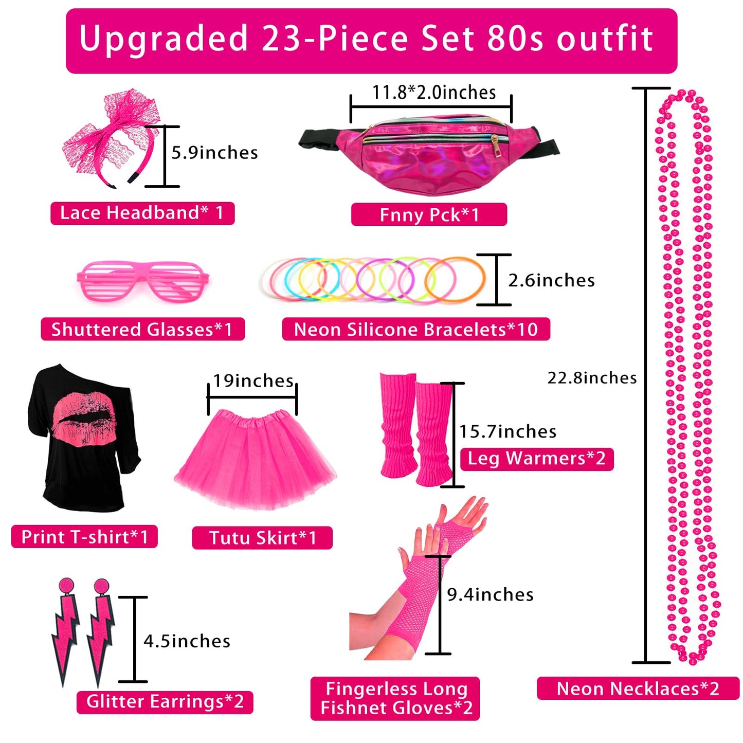 RonFoxi 80s Accessories Sets for Women, 80s Outfits T-Shirt Tutu Skirt Fishnet Gloves for 80s Prom Party(Rose Red-L)