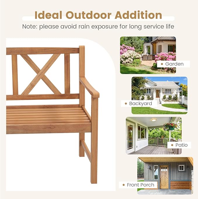 Tangkula Patio Acacia Wood Bench, 2-Person Outdoor Loveseat Chair, Cozy Armrest & Backrest, Sturdy Acacia Wood Frame, Outdoor Slatted Seating Bench for Backyard, Garden, 800 lbs Max Load
