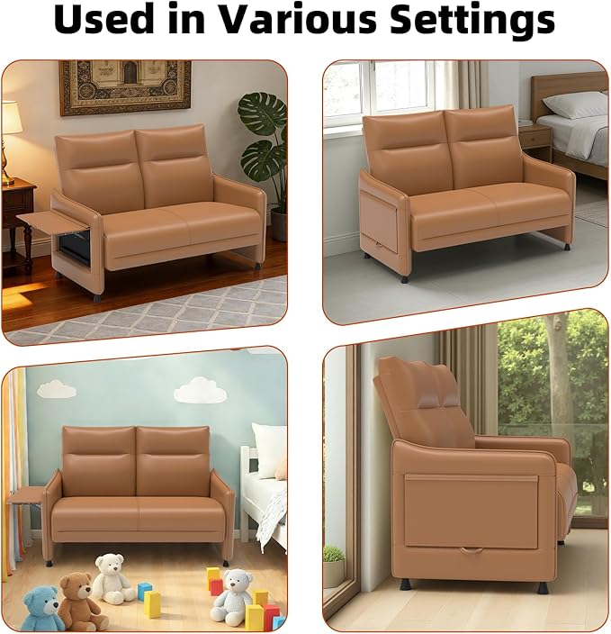 Tbillionnext Faux Leather Loveseat, Upholstered Loveseat with Hidden Foldable Tray & Side Pocket, Rear Contour Arm Design, Modern 2-Seater Sofa Couch for Small Spaces, Bedroom, Brown
