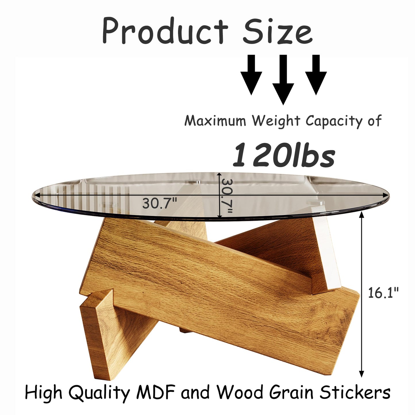 Honyee Morden Rounded Coffee Table, 30.7" x 30.7" x 16.1" Tempered Glass Top for Living Room, Color: Natural Wood