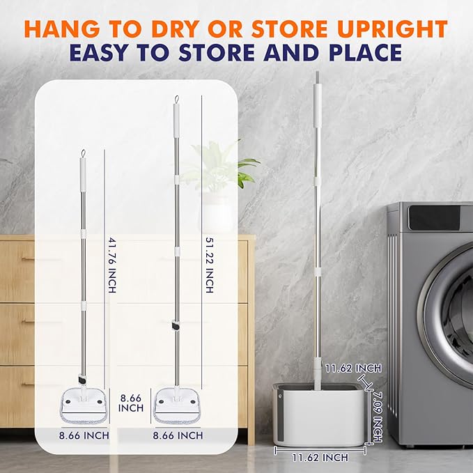 Upgraded Self-Standing Spin Mop and Bucket System, Detachable Inner Mop Bucket Separates Dirty Water & 90° Foldable Head, Triple-Scrub System, 0.9Gal Dual Drainage, for Hardwood Floors (White 2 Pads)