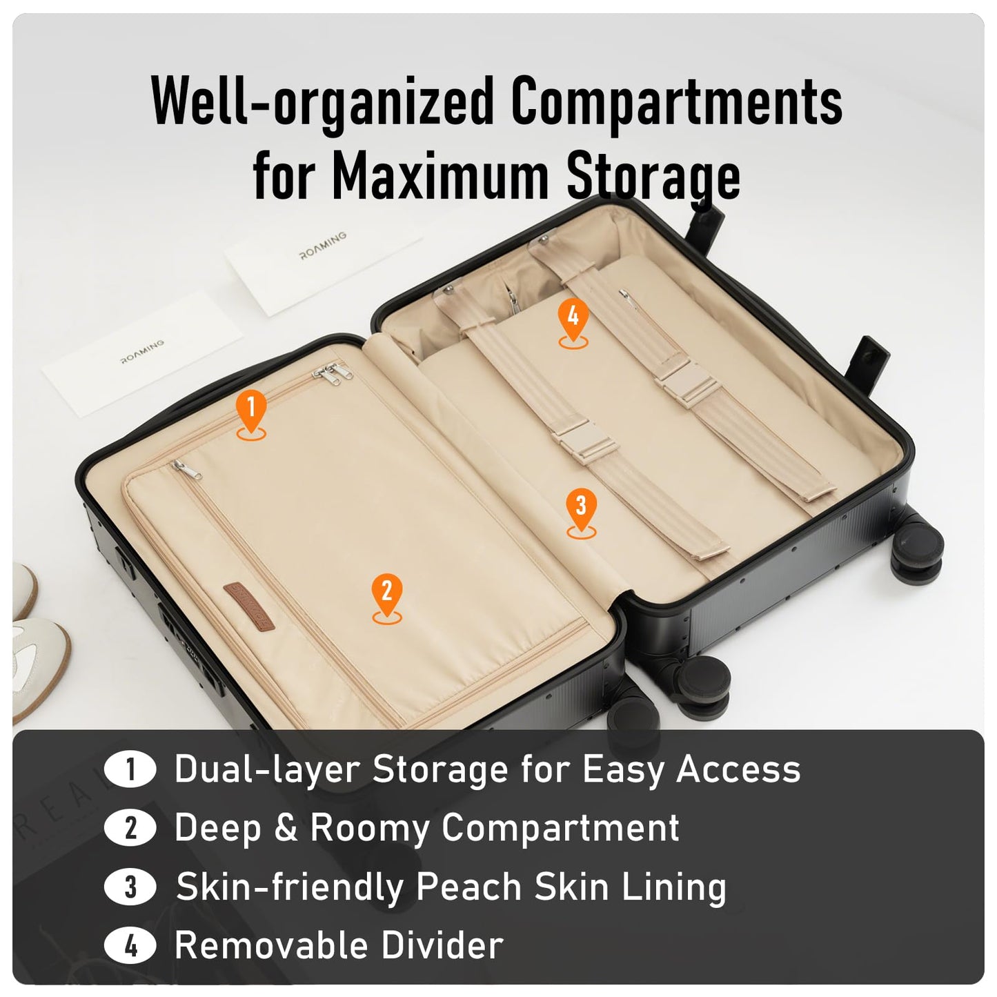 ROAMING 24 Inch Check Luggage Durable All Aluminum Hard Shell Suitcase with Wide Handle Zipperless with 360 Spinner Wheels, TSA Lock Smart Organizational Pockets for Business Travel Silver