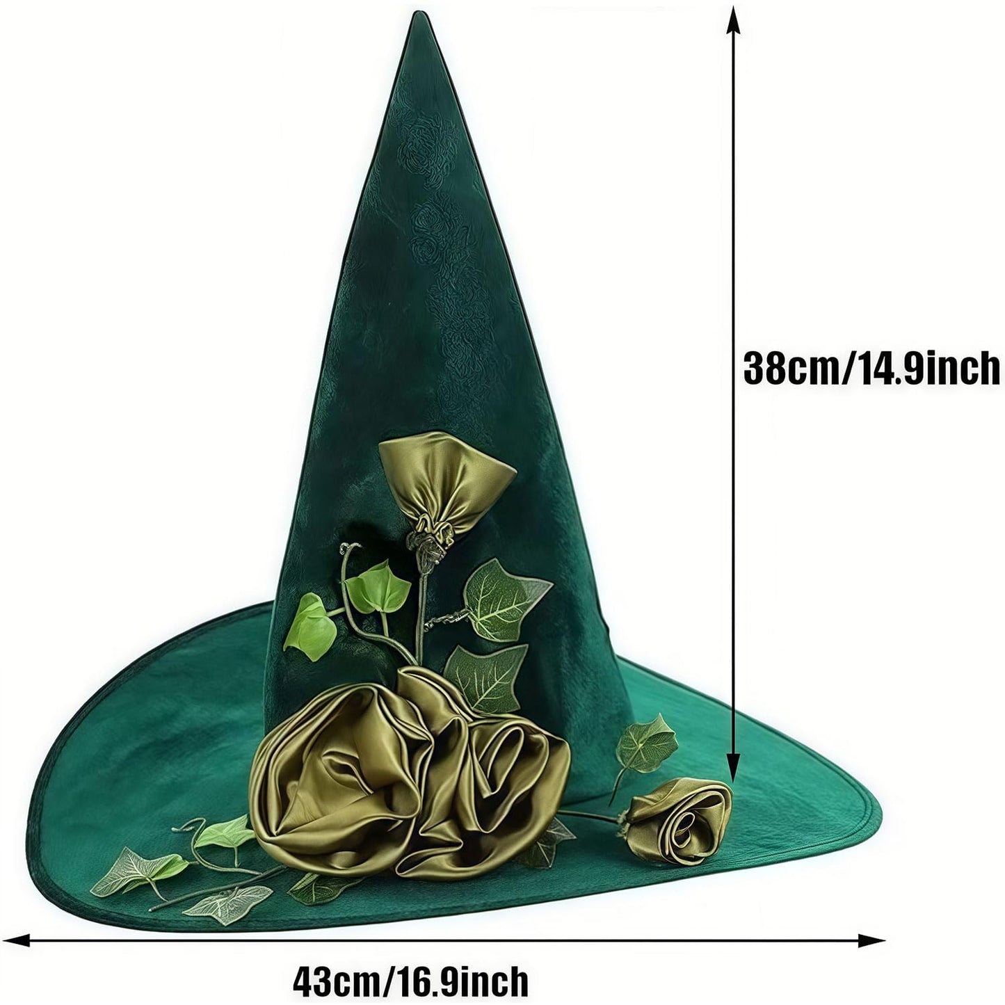 Pvoiue Witch Hat Green Detachable Witch Headband Hat Costume Accessories for Women Halloween Party Elvet Elegant Hats with Vine And Flowe Designs 16.9''x14.9'', 1Pcs