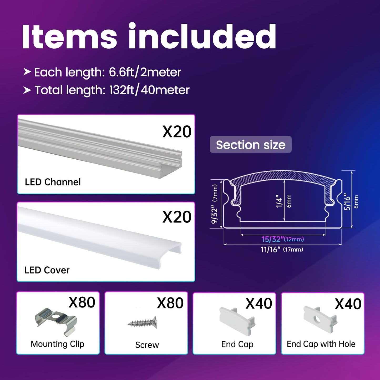 Muzata 20Pack 6.6FT/2M LED Channel Aluminum U Shape Silver LED Strip Diffuser Channel with Milky White Cover Easy Installation U1SW WW 2M