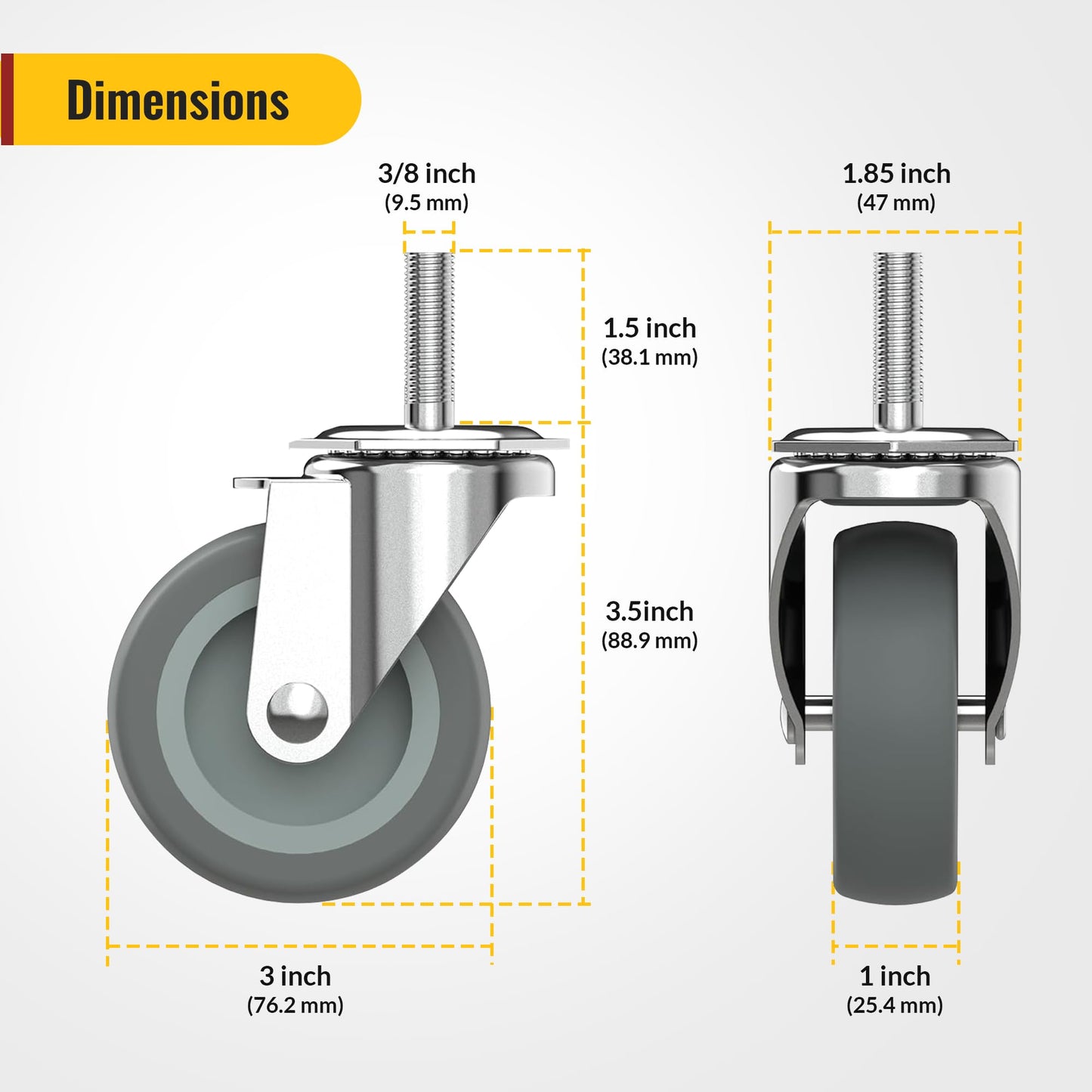 HOLKIE Caster Wheels 3 inch with No Brake Stem Casters, 3/8" -16 x 1-1/2" (Stem Diameter 3/8", Stem Length 1-1/2") Threaded Swivel Casters Set of 4 Heavy Duty Castors Grey