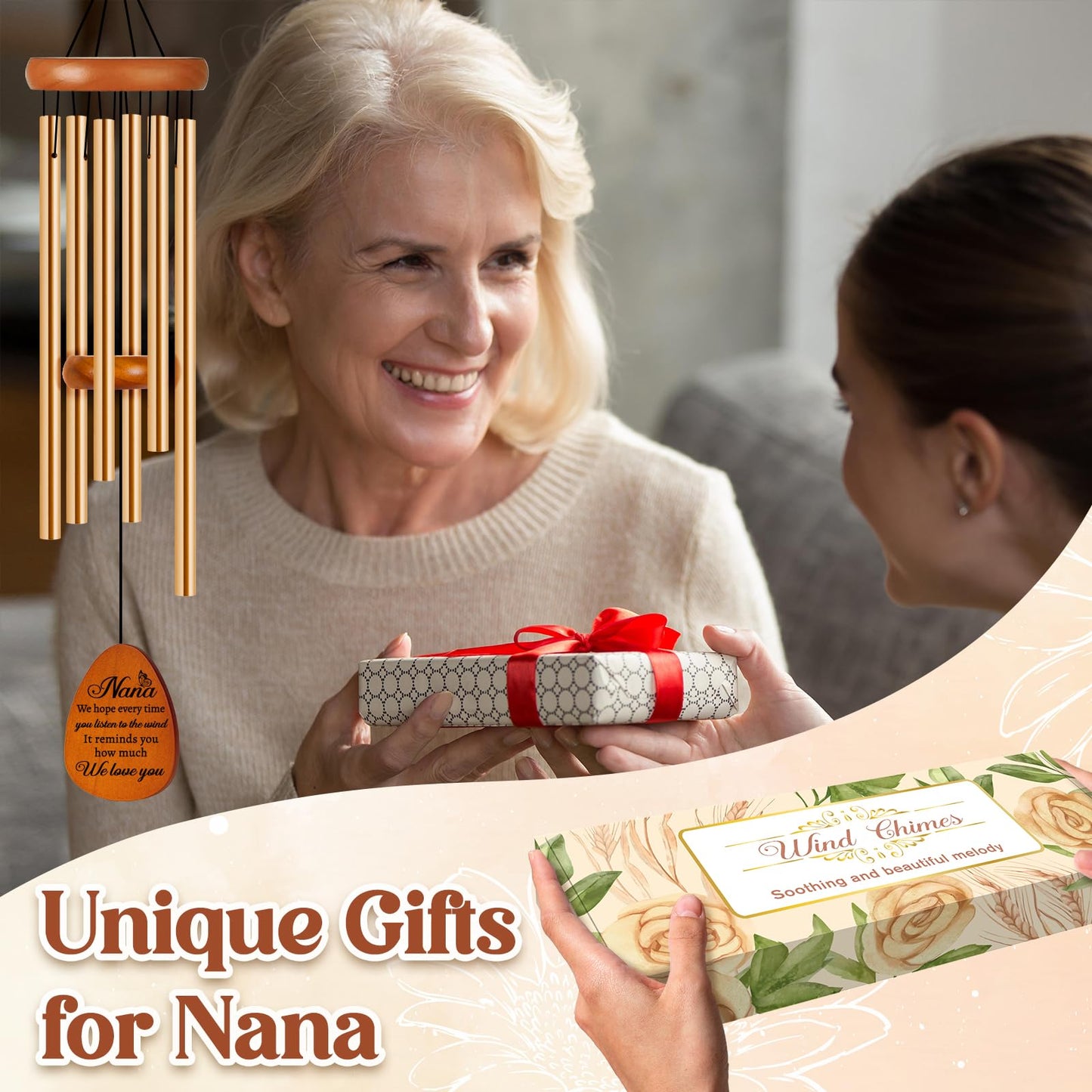 Nana Gifts, Birthday Gifts for Nana from Grandkids, Nana Wind Chimes, Best Grandma Present for Birthday Mother's Day Christmas Thanksgiving - with We Love You