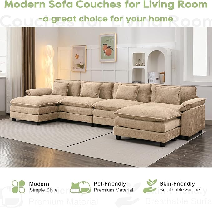 Oprisen 154" Modular Sectional Sofa, Comfy Cloud Couch Sectional Sofa with Ottoman, Chenille Sofa Sleeper Deep Seat Sofa with Throw Pillows for Living Room (Khaki, 154"- U Shape)