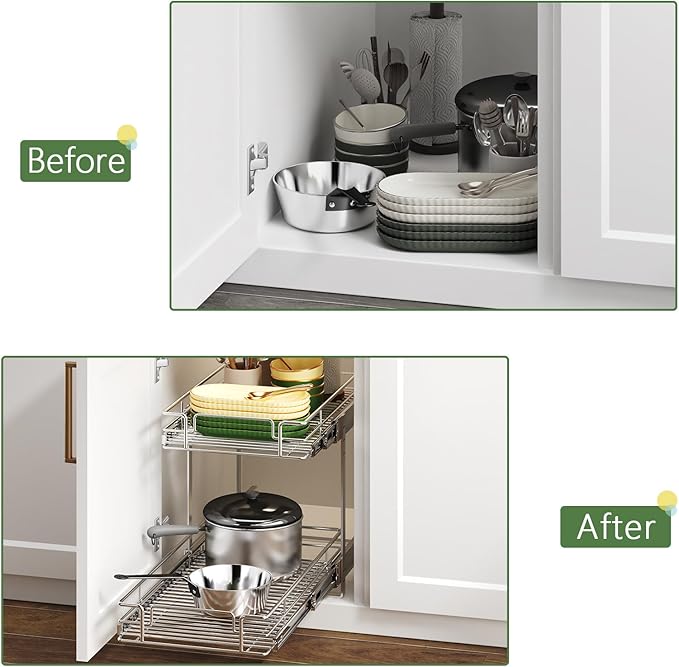 2 Tier Individual Pull Out Cabinet Organizer 13½" W x 18" D, Heavy Duty Cabinet Pull Out Shelves, Slide Out Drawers Organization for Kitchen Cabinets Bathroom