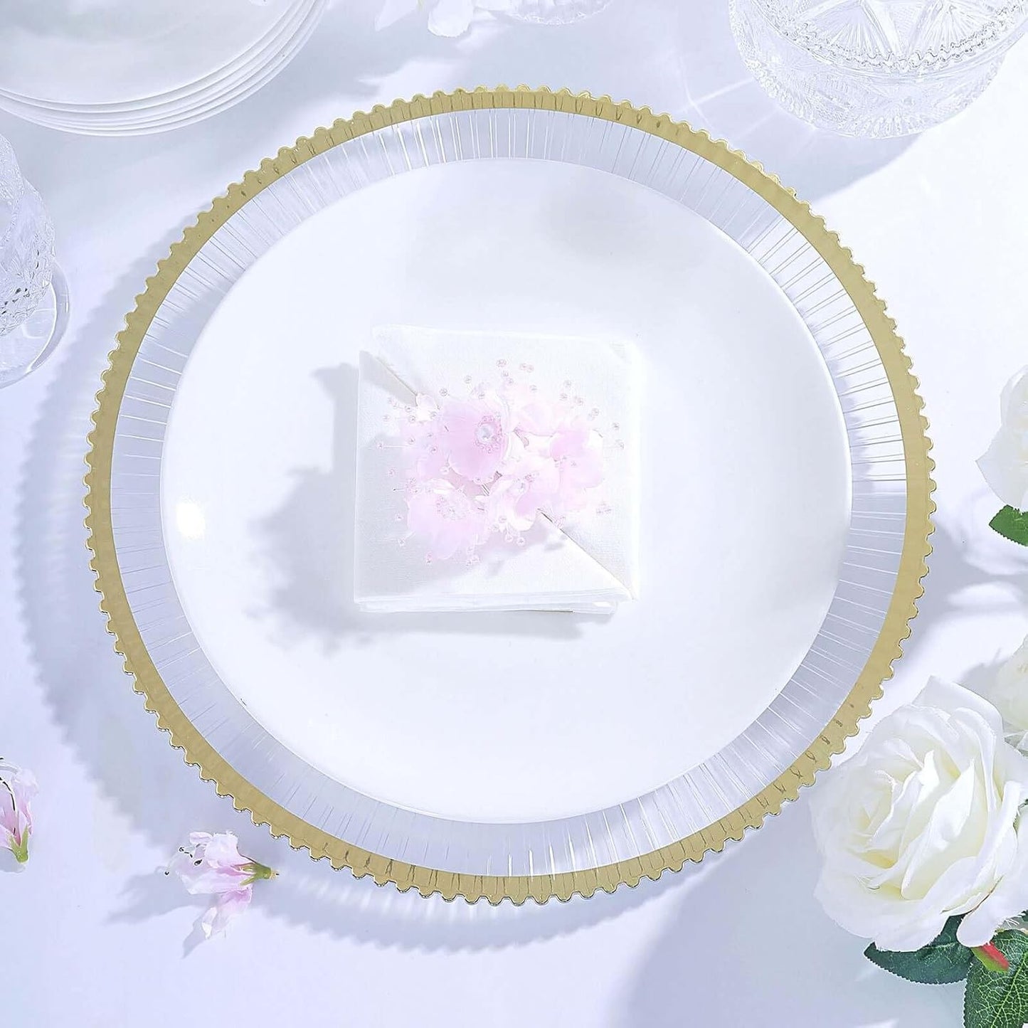 Efavormart 6 Pack | 13" Round Starburst Pattern Clear Plastic Charger Plates with Gold Wavy Rim