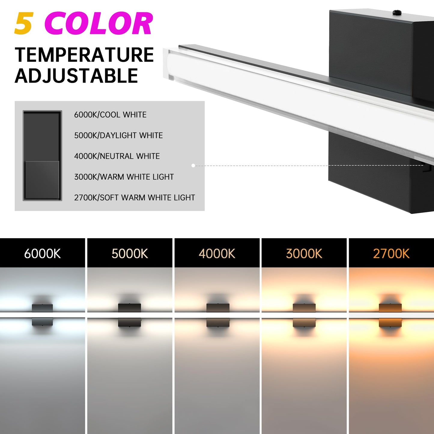 Aourow Modern Bathroom Vanity Lights 20W 2000lm 23.6in,Dimmable 5CCT LED Vanity Lighting Fixture Over Mirror,IP44 Wall Mounting Mirror Light Bar for Bathroom Cabinet(Matte Black)