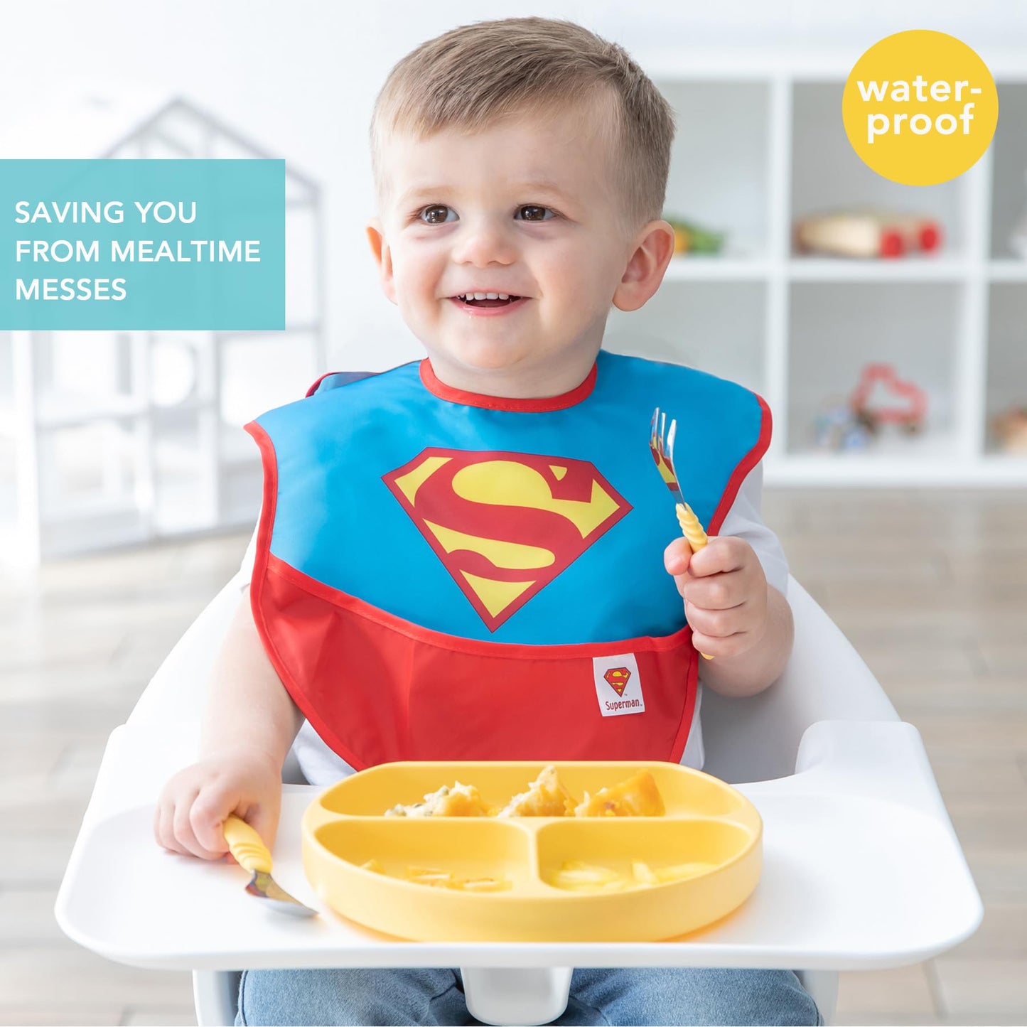 Bumkins Bibs for Girl or Boy, SuperBib Baby and Toddler for 6-24 Months, Essential Must Have for Eating, Feeding, Baby Led Weaning, Mess Saving, Waterproof Soft Fabric, 2-pk Batman and Superman