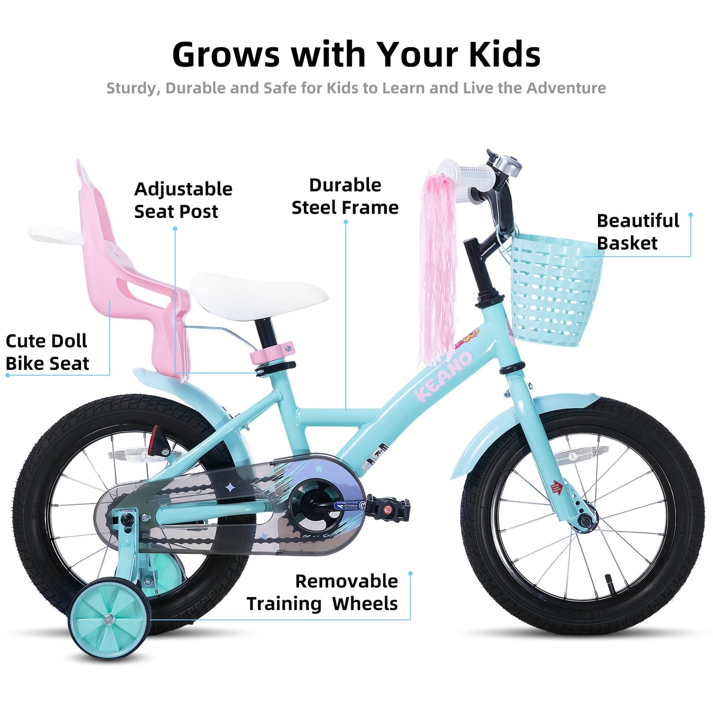 KEANO Zinnia 14 Inch Kids Bike for Girls Ages 3-5 Years, 14 Inch Girls' Bikes with Training Wheels, Streamers, Basket and Doll Seat, Children Bicycles Green