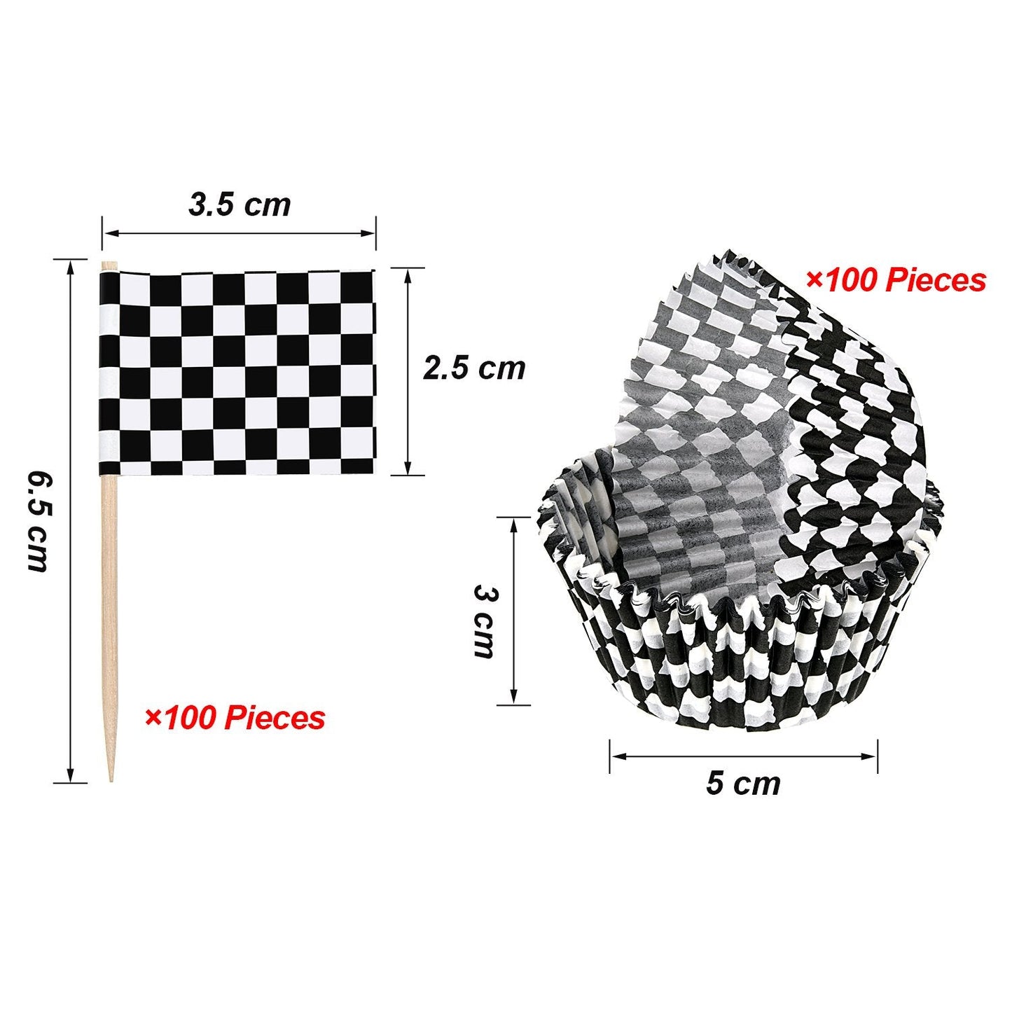 TecUnite 100 Pieces Checkered Flag Cupcake Wrapper Liner Racing Car Cupcake Toppers and 100 Pieces Checkered Flag Toothpicks Racing for Cake Decorations(Black and White)