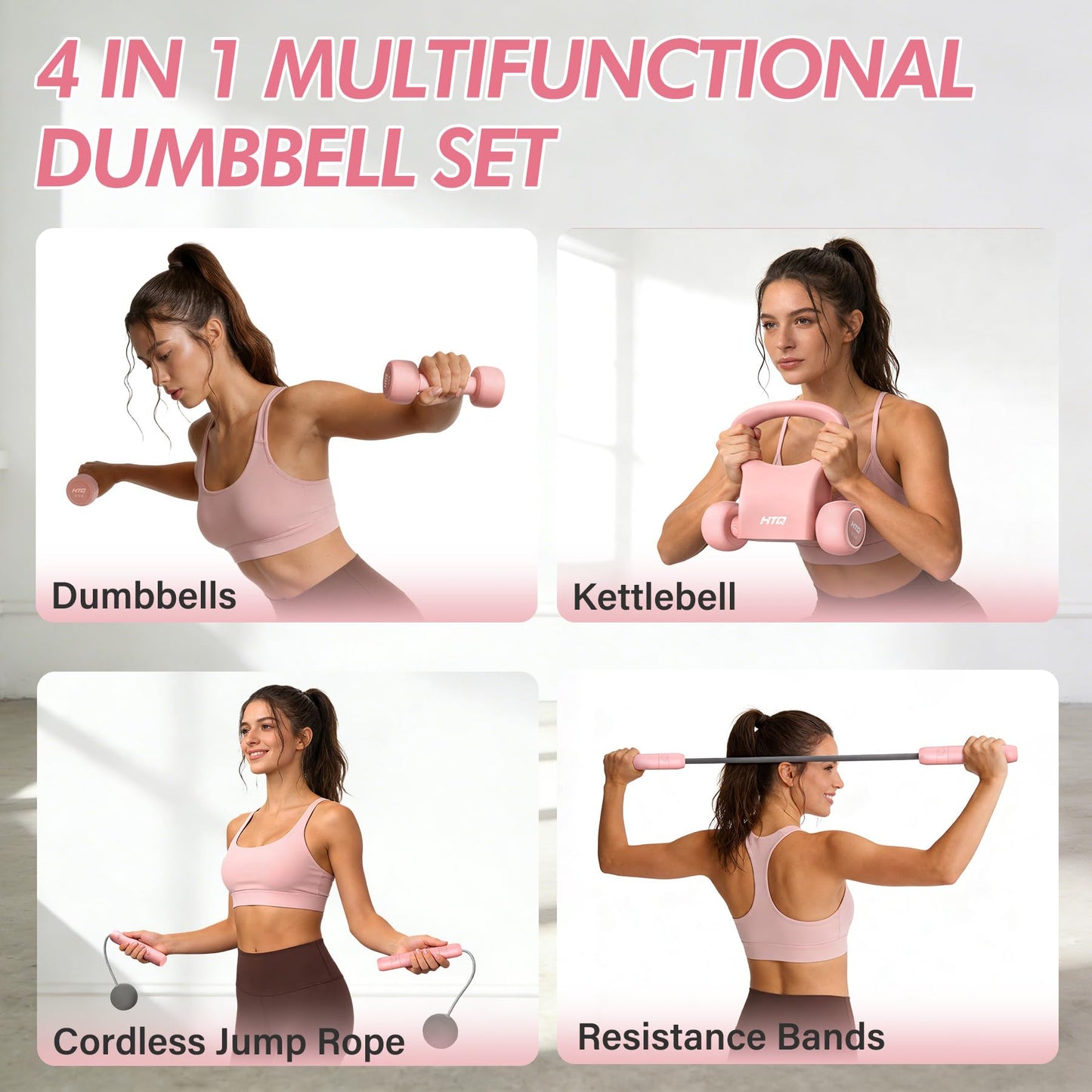 HTQ Adjustable Dumbbell Set for Women, 2-17LBS Total Plate Weight Home Workout Equipment with Kettlebell, Wrist Weights, Resistance Tube, Jump Rope, Pink/Green Free Weights Set for Women at Home